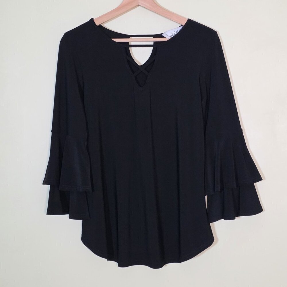 Joseph Ribkoff Top Womens 6 Black V Neck 3/4 Tiered Sleeve High Low Hem Witchy